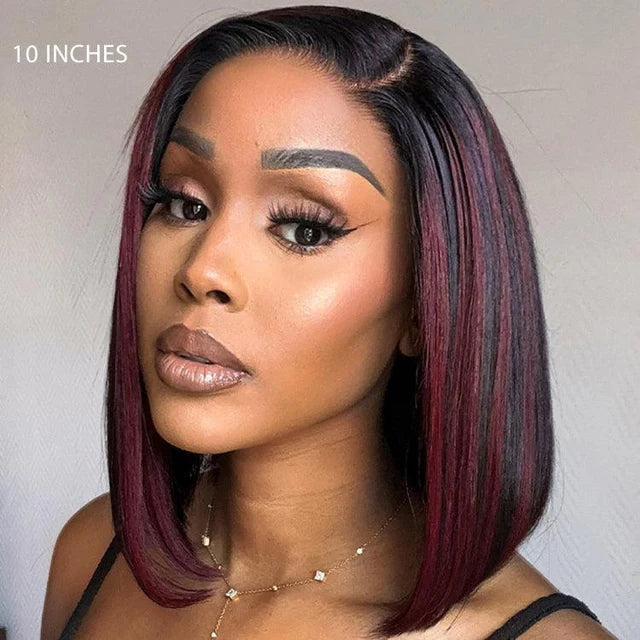 LuvMe Dark Red Highlights Blunt Cut Bob with/C Part Glueless Minimalist HD Lace Wig Beginner Friendly