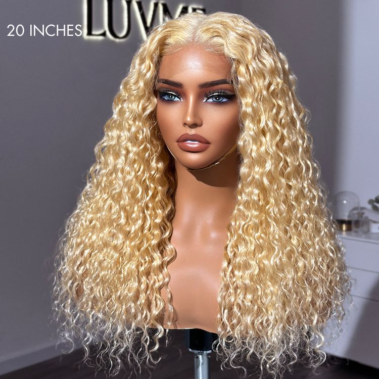 LuvMe Golden Blonde Water Wave Glueless 5x5 Closure Invisible HD Lace Long Blonde Curly Wig 100% Human Hair