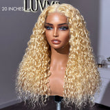 LuvMe Golden Blonde Water Wave Glueless 5x5 Closure Invisible HD Lace Long Blonde Curly Wig 100% Human Hair